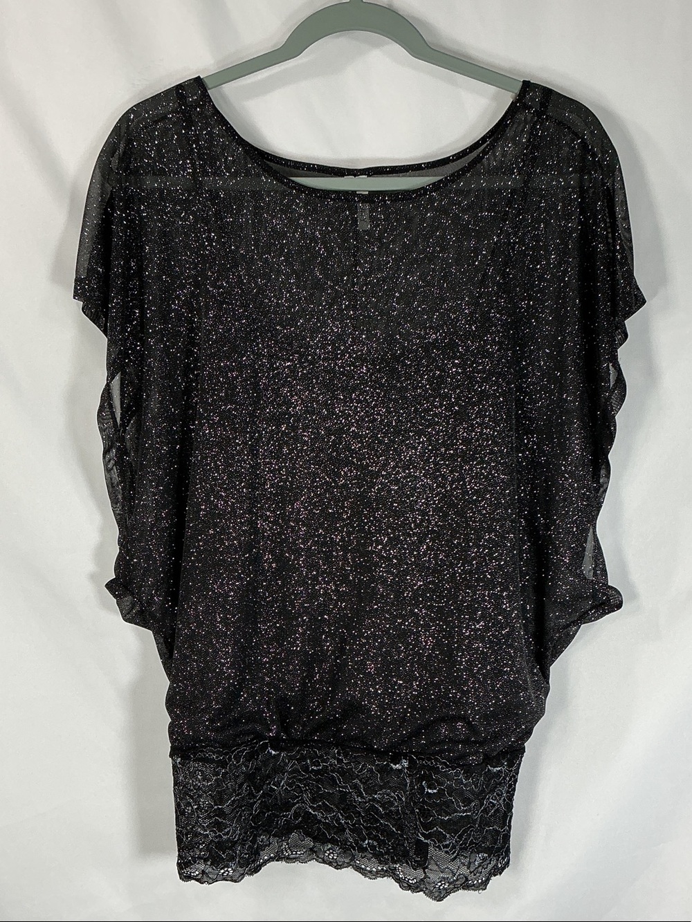 Studio Y Black Glitter Top with Lace Hem Size Medium